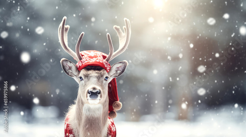 Christmas card with deer with red santa claus hat in snowy forest , new year 
