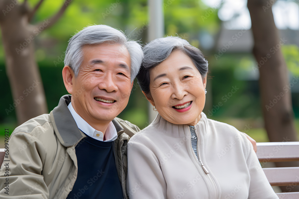 Happy senior asian couple sitting on the bench in park.