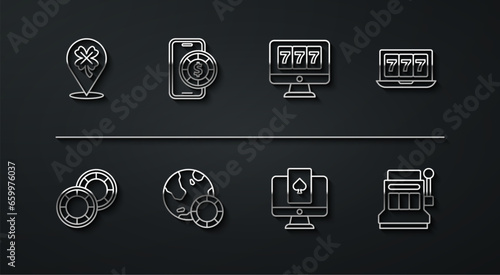 Set line Casino slot machine with clover, chips, Online jackpot, poker table game, Slot and icon. Vector