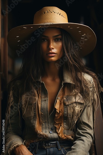 Cowboy model posing with a cowboy hat and Western clothing