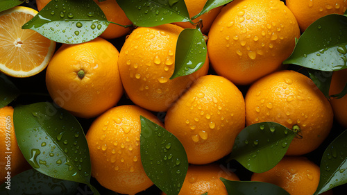 Background of juicy orange with waterdrops top view photo