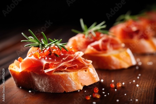 close-up shot of serrano ham bruschetta with rosemary