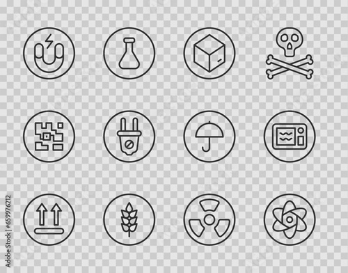 Set line Temperature wash, Test tube and flask, Carton cardboard box, Wheat, Magnet, Electric plug, Radioactive and Microwave oven icon. Vector