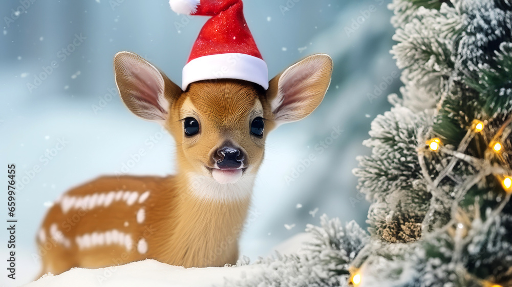 Cute Christmas Card Featuring Small Deer with Santa Claus Hat in a Winter Forest Cute Christmas Card Featuring Small Deer with Santa Claus Hat in a Winter Forest