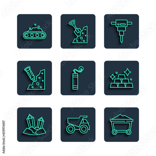 Set line Gem stone, Mining dump truck, Mine coal trolley, Construction jackhammer, Dynamite, Conveyor belt carrying and Gold bars icon. Vector