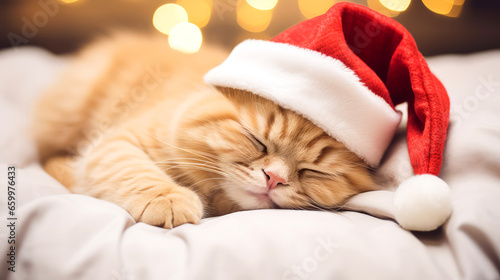 Cute Cat in Santa Hat Sleeping Peacefully for Christmas and New Year