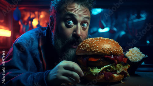 Savoring a Juicy Burger - Man Enjoying a Delicious Fast Food Meal