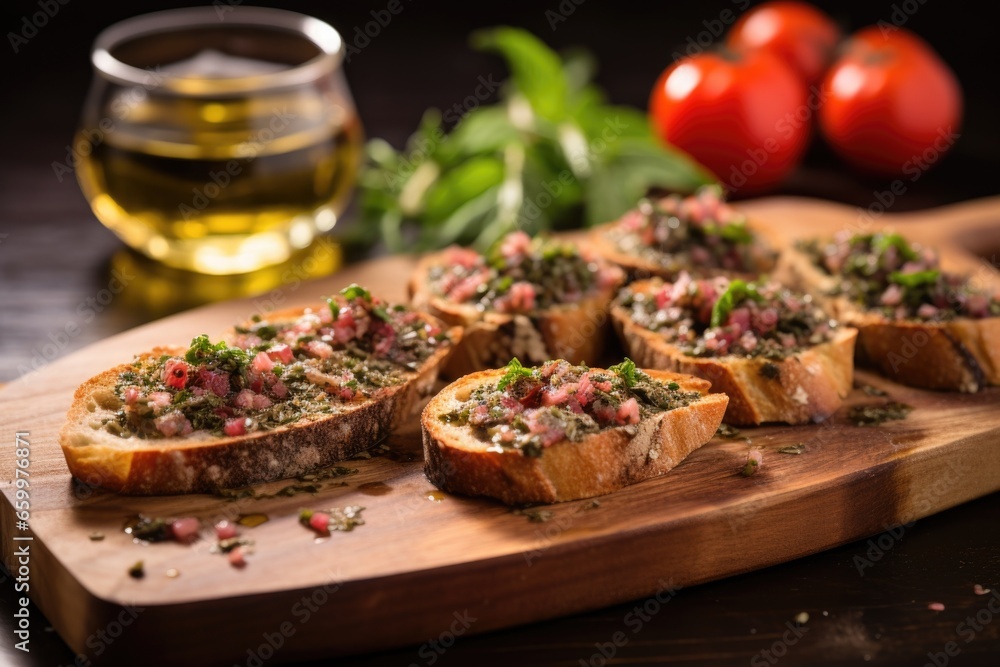 rustic wooden board with zaatar bruschetta and fresh thyme sprigs rustic wooden board with zaatar bruschetta and fresh thyme sprigs