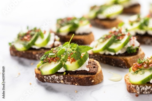 zaatar spiced bruschetta with cucumbers on a white marble surface