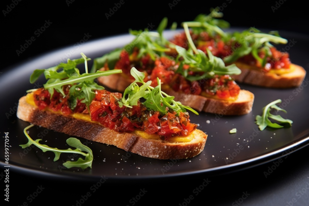 sun-dried tomato bruschetta with microgreens on modern black plates