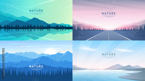 A set of vector landscapes. Mountains near water, road between mountains, lake or river with gentle banks, mountain ranges. Design for cover, poster, brochure, flyer, web background. 