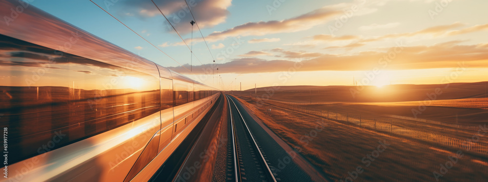 Obraz premium picturesque train journey through the serene countryside during a vibrant sunset