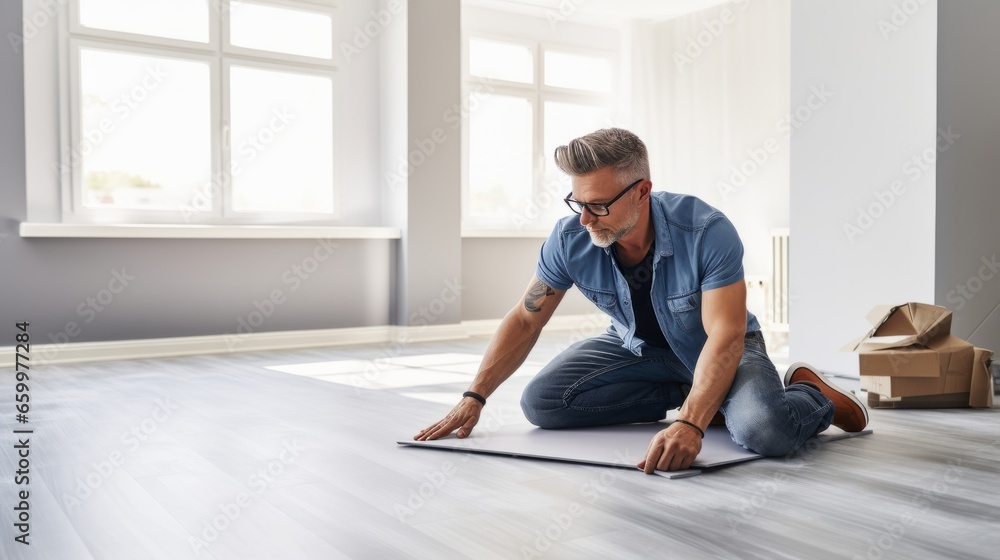 Middle-aged carpenter is repairing a wooden floor and preparing it for installation in a large, bright room. Young handsome caucasian craftsman works sitting on the floor in a new spacious apartment. Middle-aged carpenter is repairing a wooden floor and preparing it for installation in a large, bright room. Young handsome caucasian craftsman works sitting on the floor in a new spacious apartment.