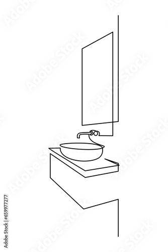 Modern bathroom interior with wash basin and mirror in continuous line art drawing style. Toilet room furniture black linear sketch isolated on white background. Vector illustration