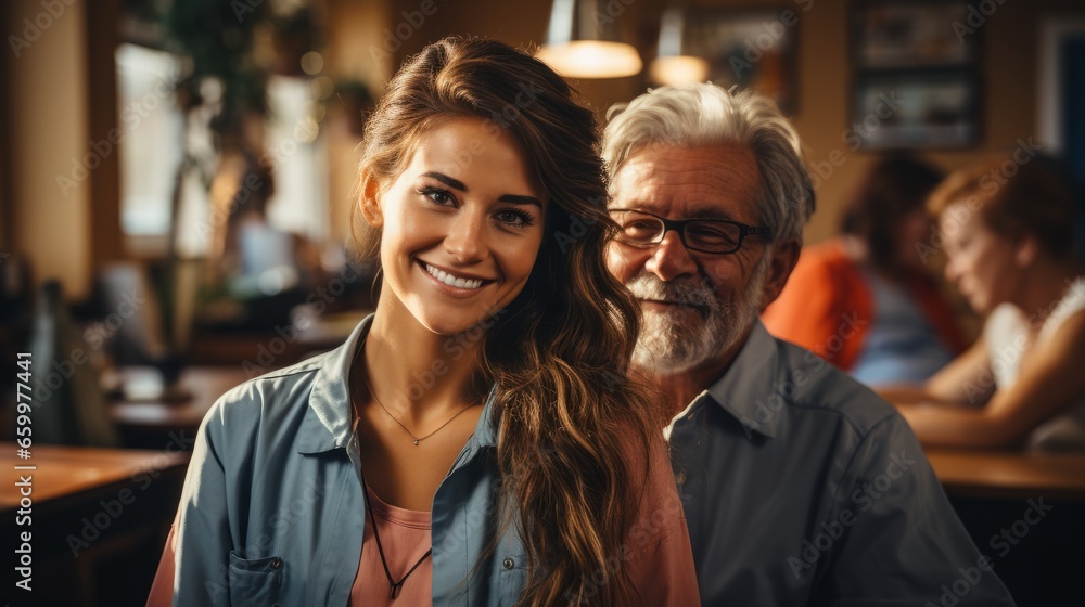 Portrait of two happy smiling owners of family restaurant. Senior mature man and young attractive woman running small business. Father and his adult daughter successful entrepreneurs. Portrait of two happy smiling owners of family restaurant. Senior mature man and young attractive woman running small business. Father and his adult daughter successful entrepreneurs.