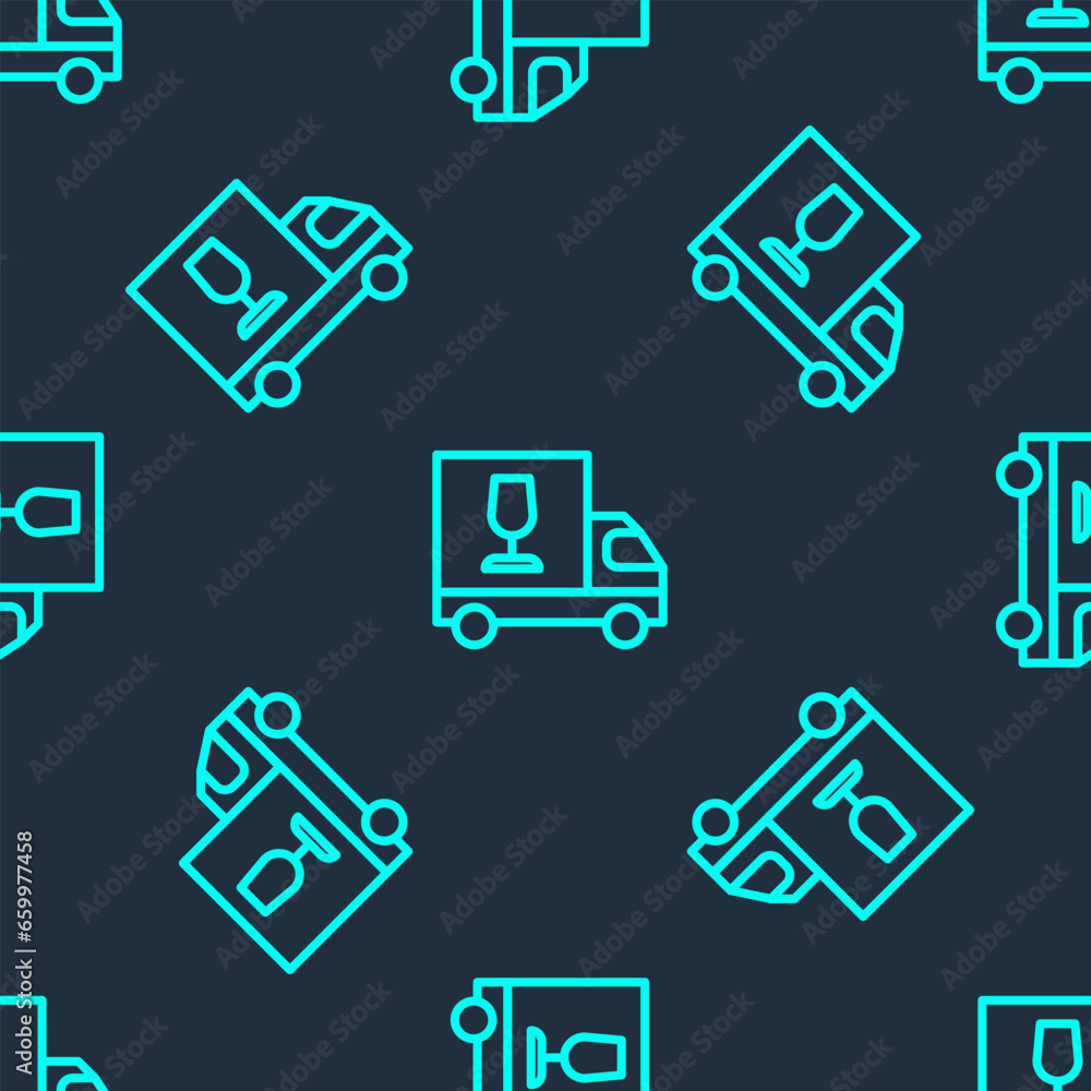 Green line Wine truck icon isolated seamless pattern on blue background. Fast delivery. Vector