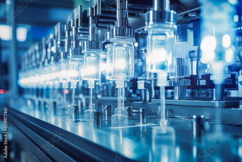 Close up of medical ampoule production line in background of modern pharmaceutical factory. industrial concept of technology and research.