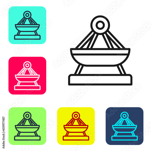 Black line Boat swing icon isolated on white background. Childrens entertainment playground. Attraction riding ship, swinging boat. Amusement park. Set icons in color square buttons. Vector