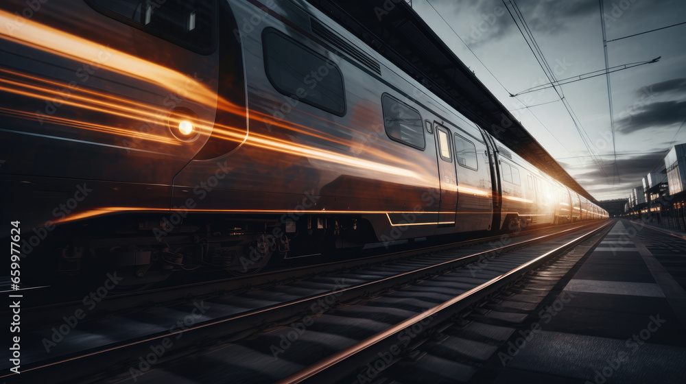 powerful locomotive speeding along the railway tracks near a bustling train, dark cinematic light effect, dramatic sky 