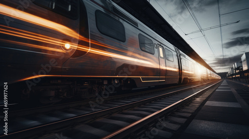 powerful locomotive speeding along the railway tracks near a bustling train, dark cinematic light effect, dramatic sky  photo