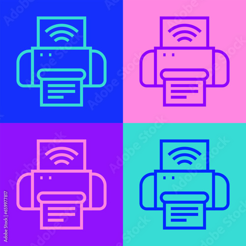 Pop art line Smart printer system icon isolated on color background. Internet of things concept with wireless connection. Vector