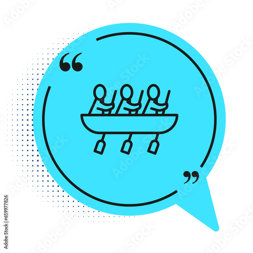 Black line Canoe rowing team sports icon isolated on white background. Three athletes with oars rowing in boat. Teamwork concept. Blue speech bubble symbol. Vector