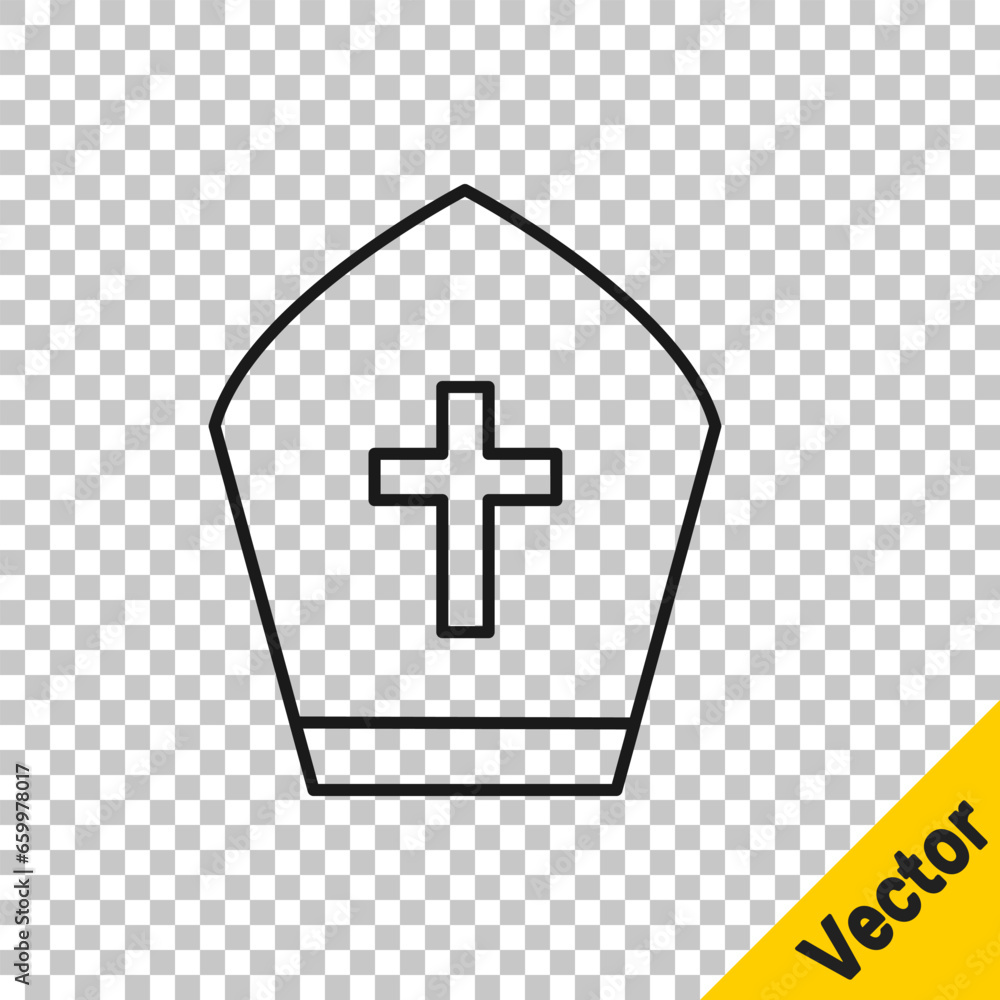 Fototapeta premium Black line Pope hat icon isolated on transparent background. Christian hat sign. Vector
