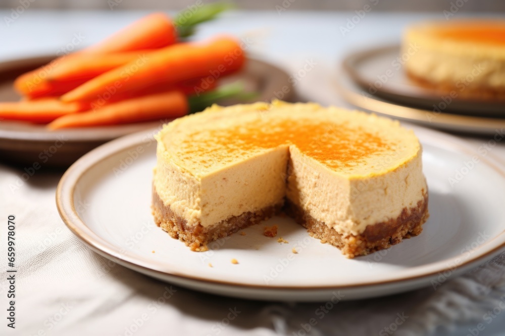 gluten-free carrot cheesecake on a beige plate gluten-free carrot cheesecake on a beige plate