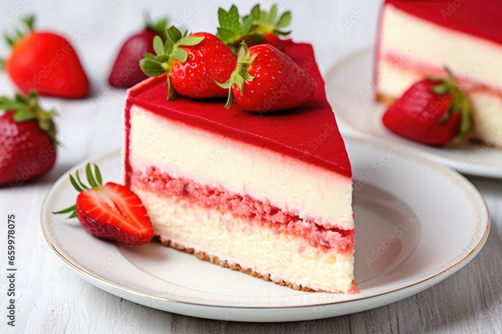 overhead image of a classic cheesecake slice with a strawberry on top overhead image of a classic cheesecake slice with a strawberry on top