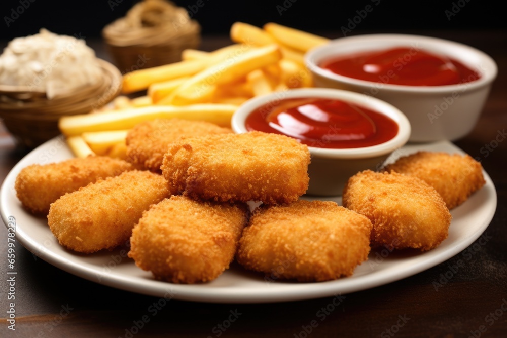 nuggets surrounded by fries on a plate nuggets surrounded by fries on a plate