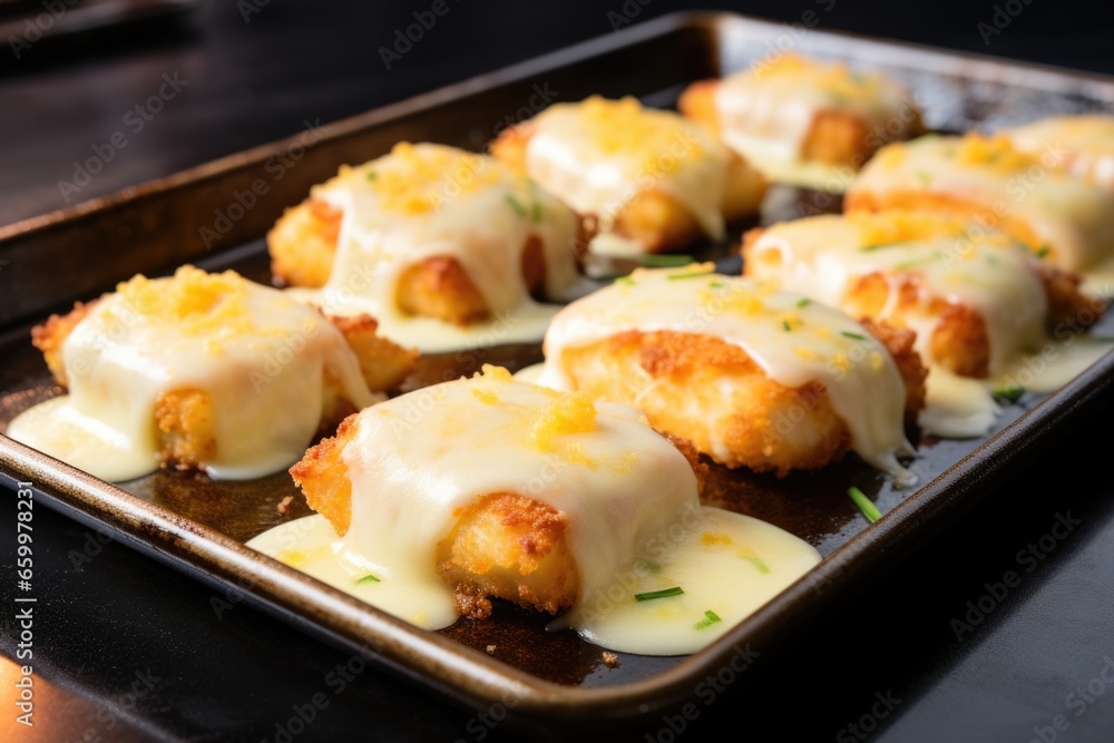 nuggets topped with melted cheese on a griddle nuggets topped with melted cheese on a griddle