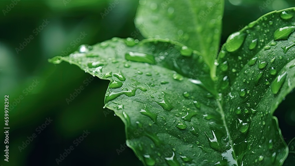 Macro shot capturing the intricate details of dew clinging to lush, rain-kissed foliage