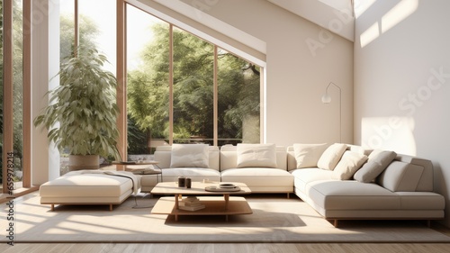 an inviting and cozy atmosphere in a minimalist living room by showcasing comfortable seating, soft textures, and carefully chosen decor elements. the balance between simplicity and warmth. © Li