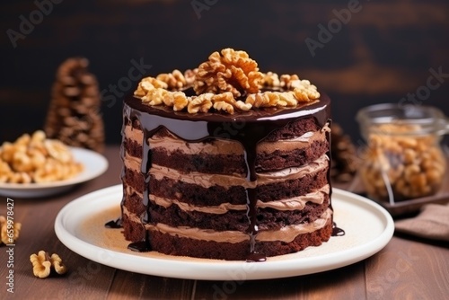 homemade chocolate cake with walnuts on the top