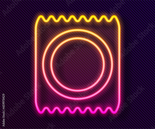 Glowing neon line Condom in package icon isolated on black background. Safe love symbol. Contraceptive method for male. Vector