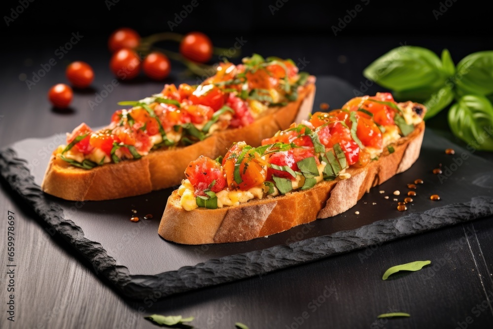 tomato bruschetta decorated with fresh basil leaves on slate surface