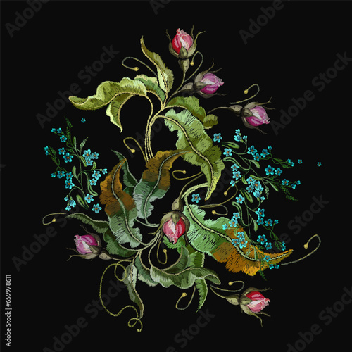 Embroidery datura flowers and blue meadow herbs. Floral template for design of clothes, t-shirt design. Botanical art
