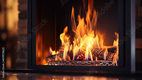   lose-up of a burning home fireplace. Global economic fuel crisis. Burning flame inside the fireplace.