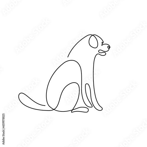 Sitting dog in continuous line art drawing style. Abstract dog in a sitting position black linear sketch isolated on white background. Vector illustration