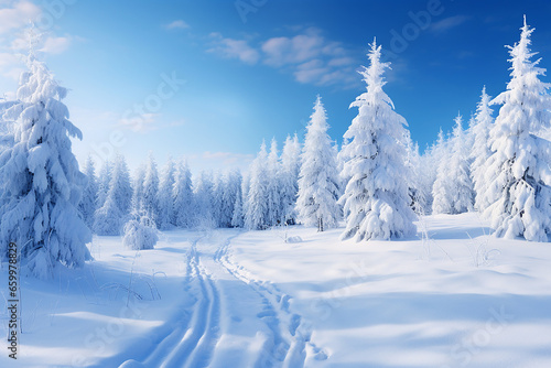 A Winter Landscape Covered in Thick White Snow, with Trees and Blue Sky