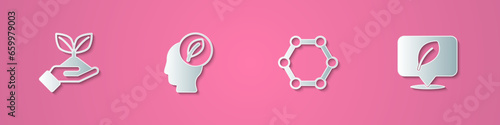 Set paper cut Plant in hand, Human head with leaf inside, Molecule and Location icon. Paper art style. Vector