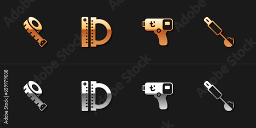 Set Measuring tape, Protractor and ruler, Digital thermometer and spoon icon. Vector