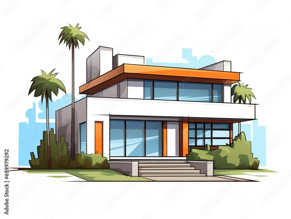 Illustration of a modern house with a simple landscape around it isolated on white background. Illustration of a modern house with a simple landscape around it isolated on white background.