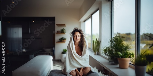 Beautiful woman at home wrapped in a terry towel with wet hair, concept of Relaxation © koldunova