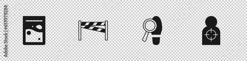 Set Plastic bag of drug, Crime scene, Footsteps and Human target sport for shooting icon. Vector