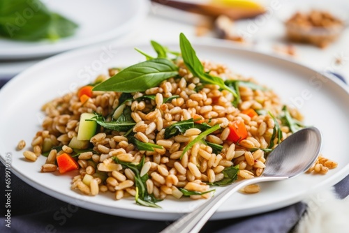 close-up of farro salad with forks in the dish