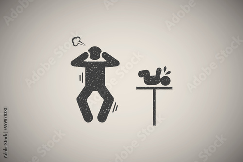 Baby, crying, father, messy, parenting icon vector illustration in stamp style