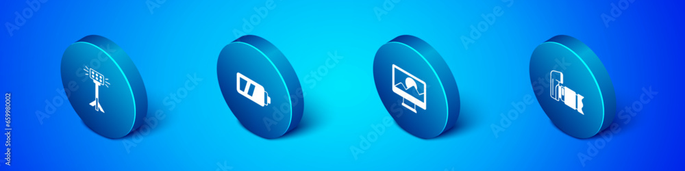 Set Isometric Studio light bulb in softbox, Photo retouching, camera and Battery for icon. Vector Set Isometric Studio light bulb in softbox, Photo retouching, camera and Battery for icon. Vector