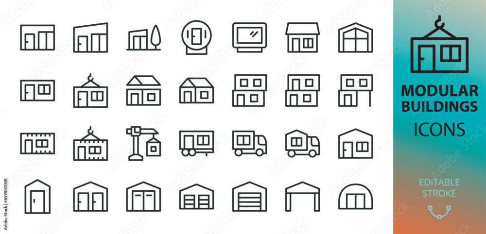 Prefab modular buildings isolated icons set. Set of prefabricated shipping container homes, glamping house, modular construction, barn house, office, garage, toilet, shed vector icon Prefab modular buildings isolated icons set. Set of prefabricated shipping container homes, glamping house, modular construction, barn house, office, garage, toilet, shed vector icon