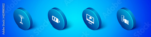 Set Isometric Studio light bulb in softbox, Photo retouching, camera and Battery for icon. Vector
